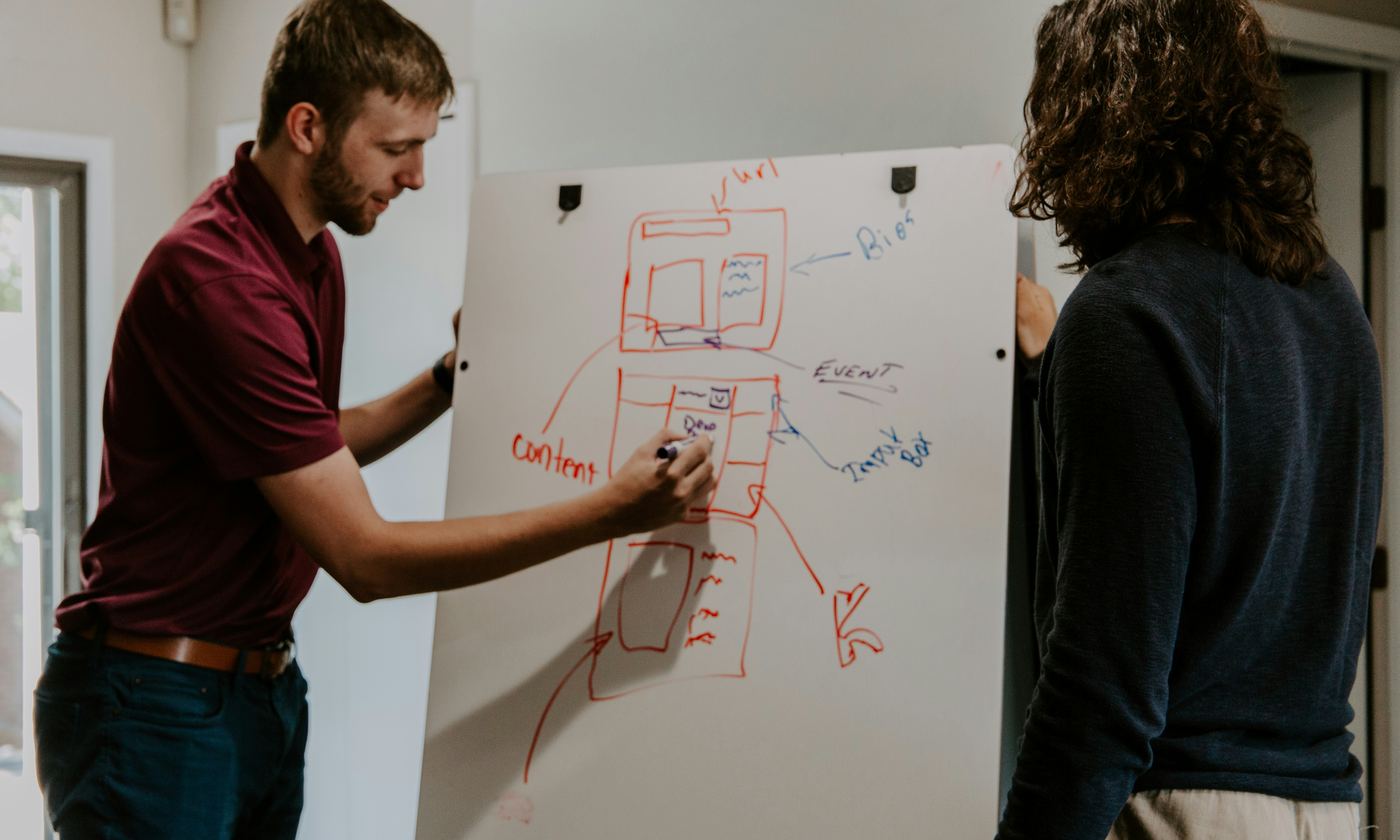 Two people mapping a process out on a whiteboard